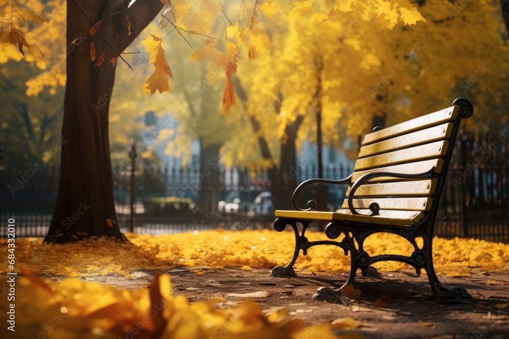 A park bench sitting under a tree with vibrant yellow leaves. Perfect for capturing the beauty of autumn in a peaceful park setting. Ideal for nature and seasonal themed designs.
