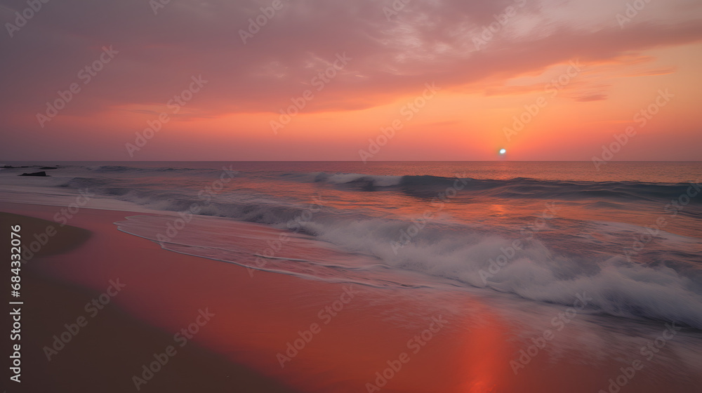 Crimson Tide: Vibrant Sunset Over the Ocean WavesAI generativ