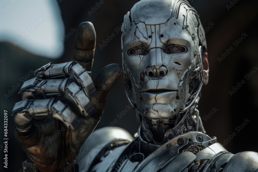 A close-up view of a person wearing a robot suit. This image can be used to depict futuristic technology, cosplay events, or science fiction themes. A close-up view of a person wearing a robot suit. This image can be used to depict futuristic technology, cosplay events, or science fiction themes.