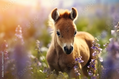 A small brown horse standing in a field of beautiful purple flowers. Perfect for nature or animal-themed designs.