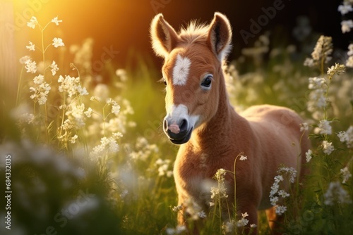 A small horse standing gracefully in a field of colorful flowers. Perfect for nature lovers or animal enthusiasts.