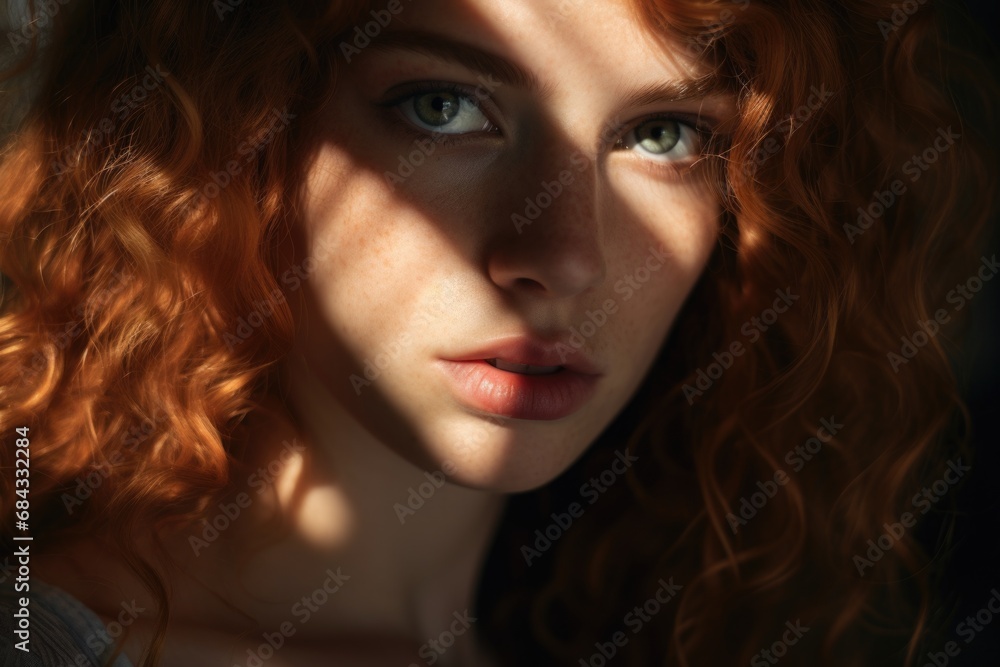 A detailed view of a woman with vibrant red hair. A detailed view of a woman with vibrant red hair.