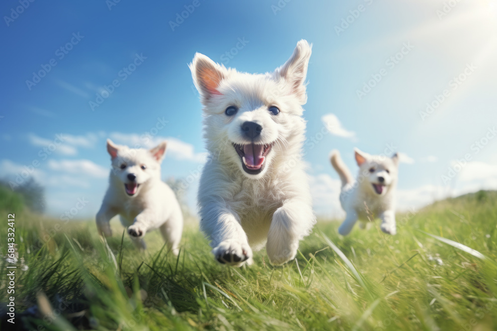 Cute pet dogs run around happily on the green grass on a sunny afternoon. A healthy, happy and lively dog. Cute pet dogs run around happily on the green grass on a sunny afternoon. A healthy, happy and lively dog.