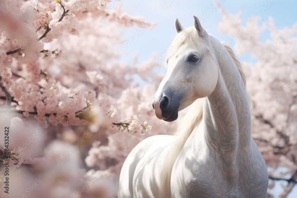 A white horse standing gracefully in front of a beautiful bunch of pink flowers. A white horse standing gracefully in front of a beautiful bunch of pink flowers.