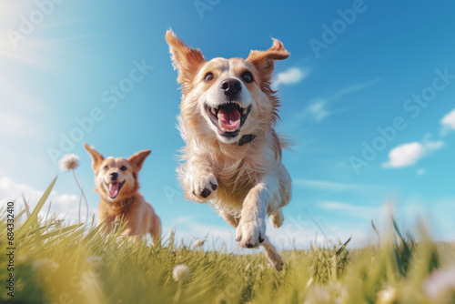 Cute pet dogs run around happily on the green grass on a sunny afternoon. A healthy, happy and lively dog.