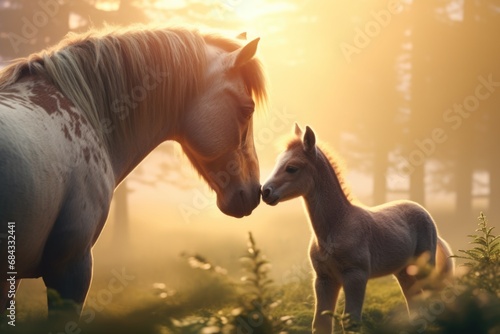 A horse and its young foal standing peacefully in a lush field. Perfect for illustrating the bond between mother and child or showcasing the beauty of nature. © Ева Поликарпова