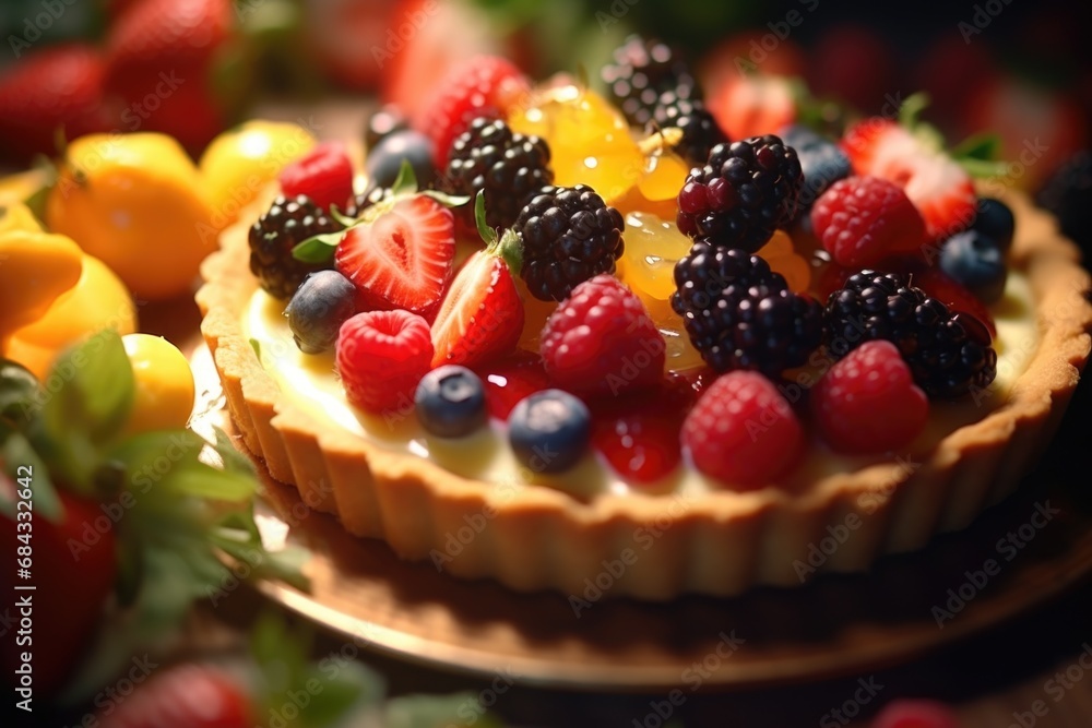A mouthwatering close-up of a fruit tart, showcasing the vibrant colors and delicious toppings. Perfect for food blogs, recipe websites, and bakery advertisements. A mouthwatering close-up of a fruit tart, showcasing the vibrant colors and delicious toppings. Perfect for food blogs, recipe websites, and bakery advertisements.