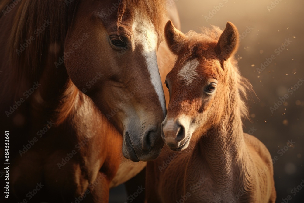 A picture of a couple of horses standing next to each other. This image can be used to depict companionship, teamwork, or the beauty of nature.