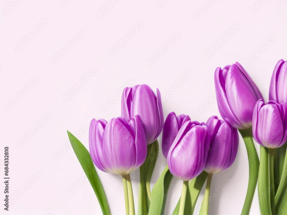 Naklejka premium Violet tulips on a soft background. Tulip buds, spring postcard with copy space, greeting card