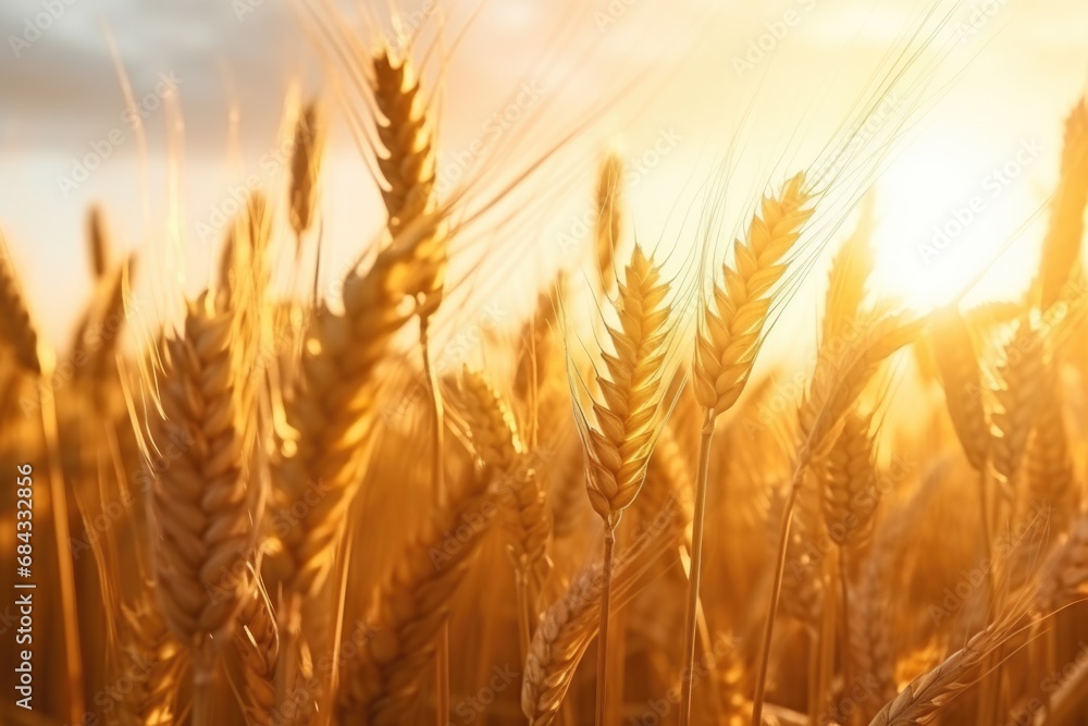 A breathtaking view of a sun setting over a vast field of golden wheat. A breathtaking view of a sun setting over a vast field of golden wheat.