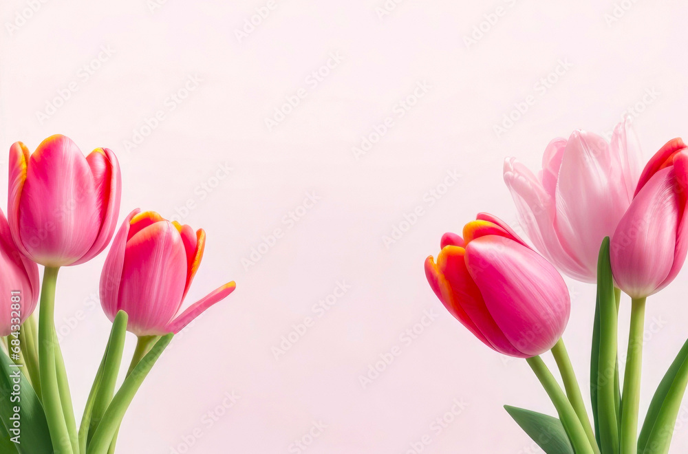 Bright pink tulips on a soft pink background. Tulip buds, spring postcard with copy space Bright pink tulips on a soft pink background. Tulip buds, spring postcard with copy space