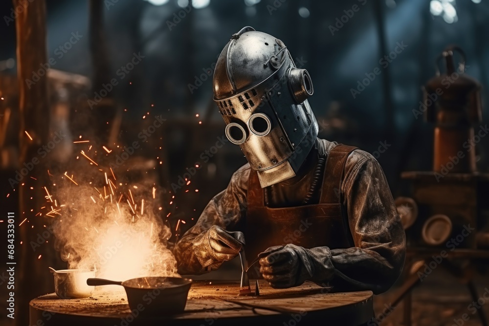 A skilled man wearing a helmet is welding a piece of wood. This image can be used to depict craftsmanship and woodworking projects.