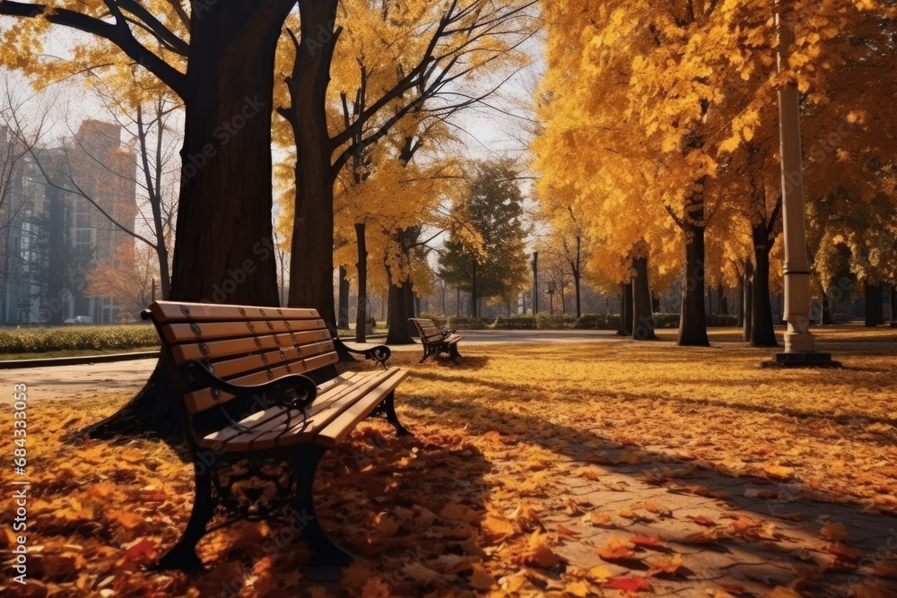 A park bench sitting in the middle of a leaf-covered park. This image can be used to depict the beauty of nature, relaxation, and solitude.