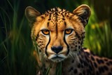 A close-up photograph of a cheetah in the grass. This image can be used to depict the beauty and power of wildlife in their natural habitat.