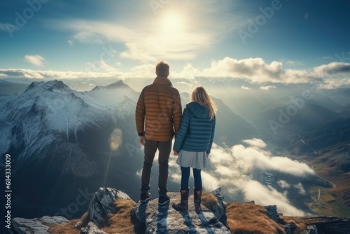 A picture of a man and a woman standing together on top of a mountain. This image can be used to symbolize adventure, teamwork, and conquering challenges.