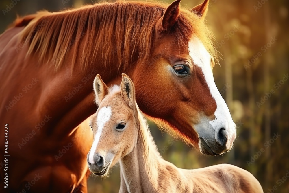 Naklejka premium A heartwarming image of a mother horse and her adorable foal in a beautiful field. Perfect for illustrating the bond between mother and child or for showcasing the beauty of nature.