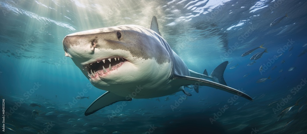 Obraz premium A globally found, slow-moving, planktivorous shark with a massive caudal fin can swim in shallow water in Indonesia and reach lengths over 15 meters.