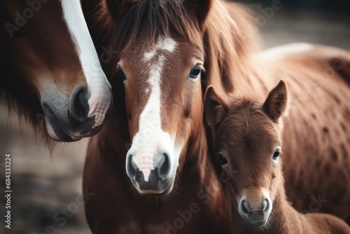 A cute baby horse standing next to its adult counterpart. This image can be used to depict the bond between a mother/father and child or to illustrate the concept of growth and development.