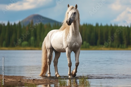 A beautiful white horse standing in a serene body of water. This image captures the peacefulness and elegance of nature. Perfect for use in travel  nature  or animal-themed projects.