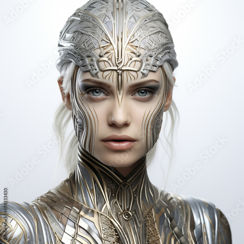 White futuristic robot-like beautiful female face on isolated background. AI Generative