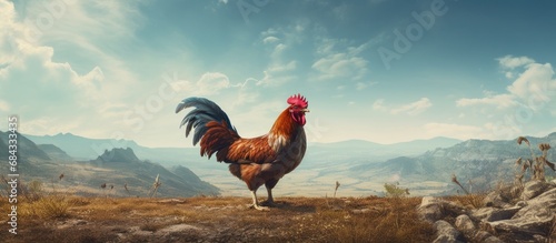 A tamed chicken searching in an open area.