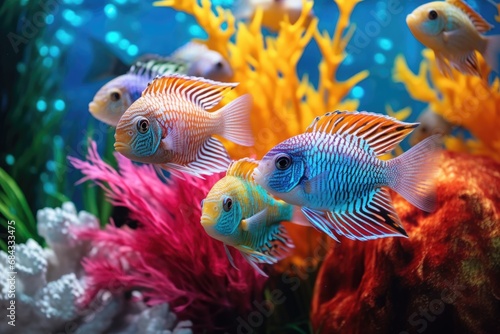 A captivating image of a group of fish gracefully swimming in an aquarium. Perfect for aquarium enthusiasts or educational purposes.