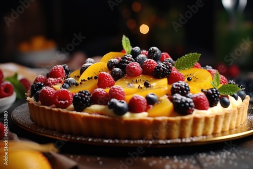 A close-up view of a delicious fruit tart placed on a table. This mouthwatering dessert can be used to add a touch of sweetness to any food-related project or to showcase a delectable treat.