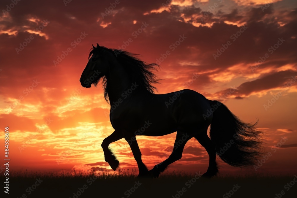 A majestic horse running freely in a beautiful field at sunset. A majestic horse running freely in a beautiful field at sunset.