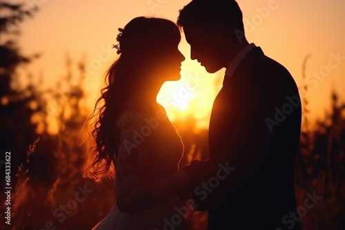 A beautiful bride and groom standing together in a picturesque field at sunset. Perfect for wedding and love-related projects.