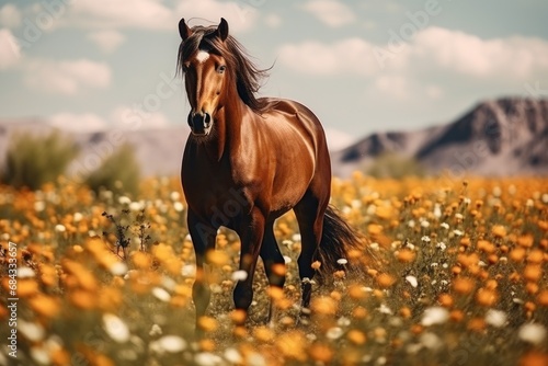 A beautiful brown horse standing gracefully in a field of colorful flowers. Perfect for nature lovers and equestrian enthusiasts.