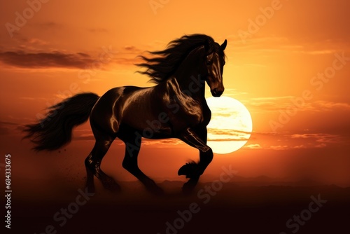 A powerful horse galloping in front of a vibrant sunset. Perfect for capturing the beauty and strength of nature. Ideal for use in travel blogs, inspirational quotes, or equestrian-themed designs.