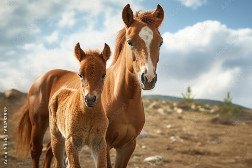 Fototapeta premium Two brown horses standing next to each other on a dirt field. Suitable for equestrian, nature, and animal-related projects.