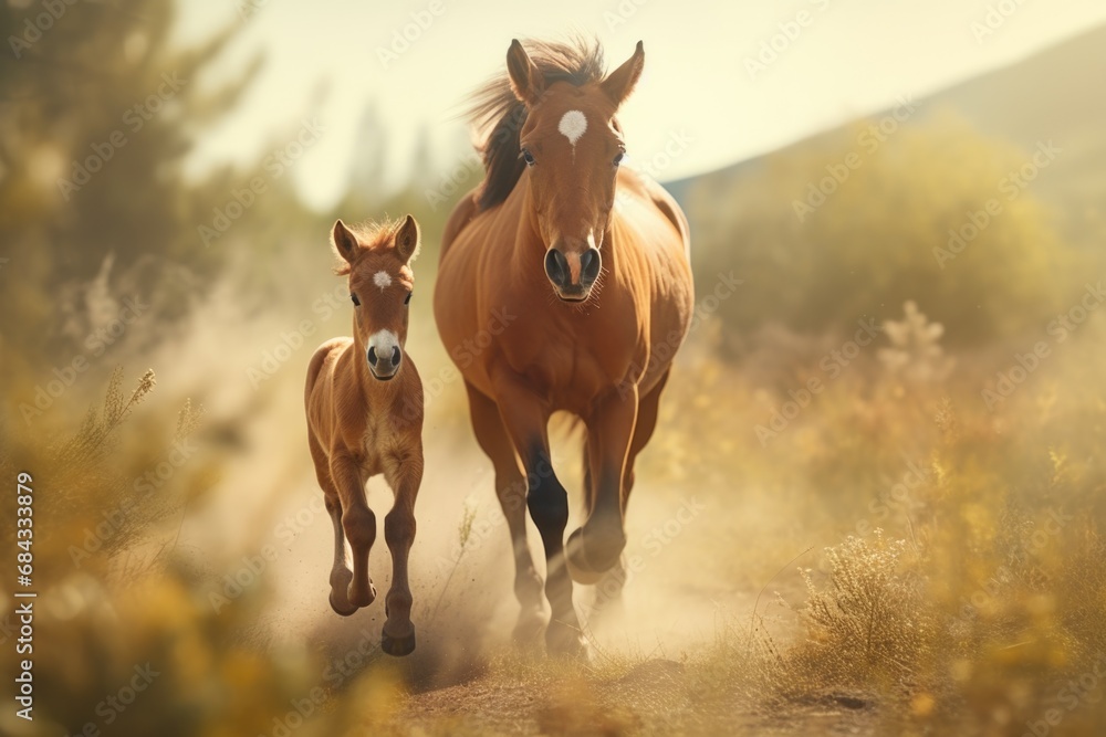 Fototapeta premium A dynamic image of a couple of brown horses running down a dirt road. 