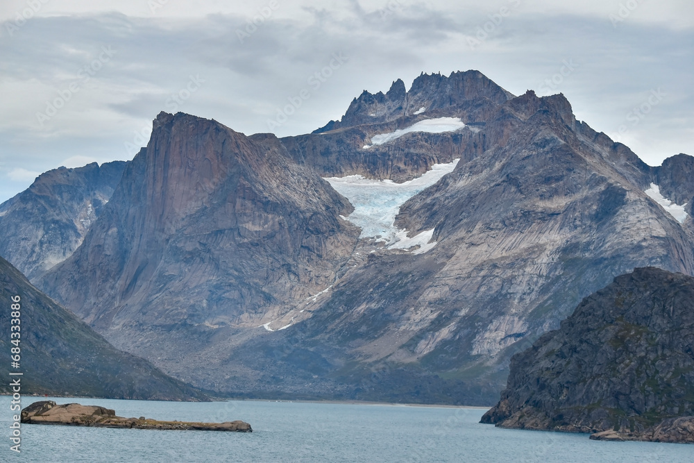 Remains of glaciers rest high in the mountains around Prince Christian Sound, Greenland.
