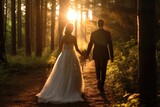 A picture of a bride and groom walking down a path in the woods. This image can be used to depict a romantic wedding ceremony in a natural setting.
