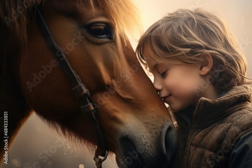 A heartwarming moment captured as a little girl lovingly kisses the nose of a gentle horse. Perfect for animal lovers and horse enthusiasts.
