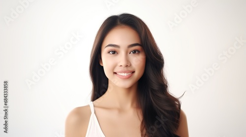A Southeast Asian Woman Smiling with Flawless Glowy Skin with Copy Space Isolated on the White Background  © Humam