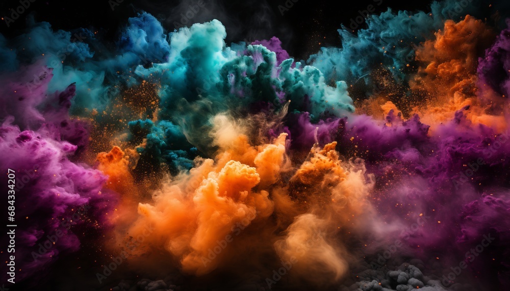 Vibrant Multicolored Powder Explosions Creating Mesmerizing Patterns on Captivating Black Background Vibrant Multicolored Powder Explosions Creating Mesmerizing Patterns on Captivating Black Background