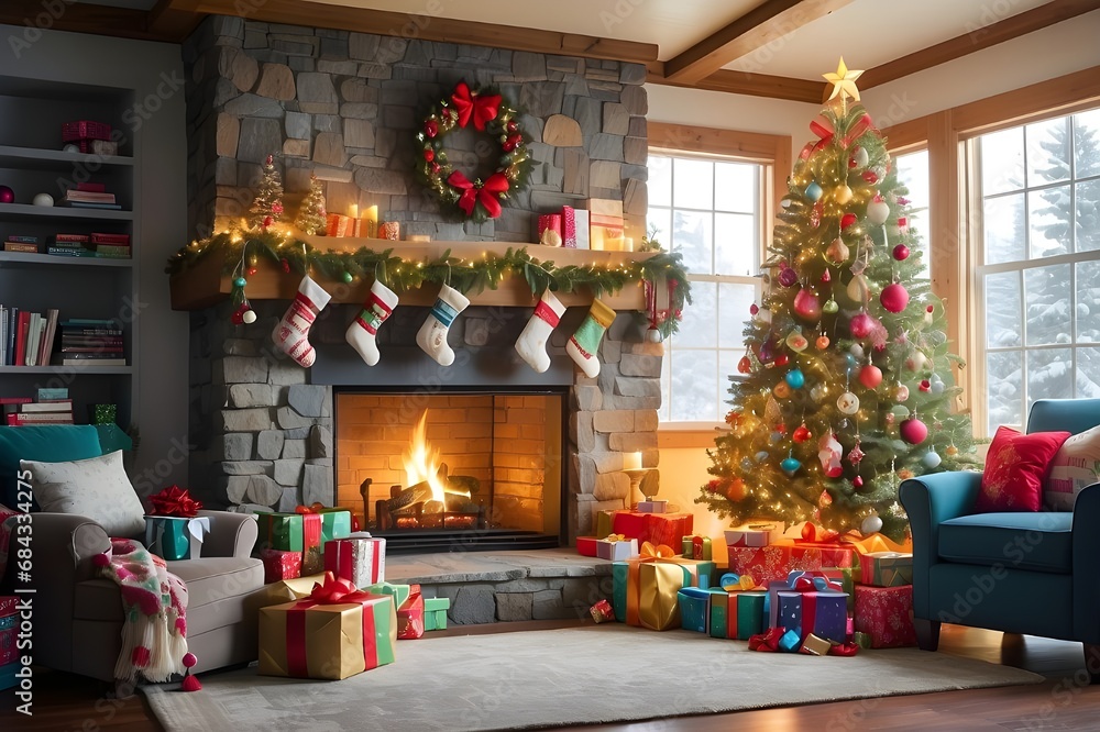 Christmas tree with fireplace and gifts. Happy Christmas!