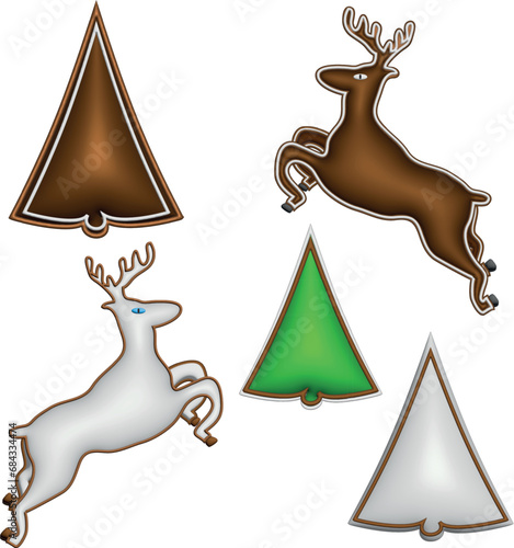 Set of sweet honey decorated gingerbread, elk, reindeer, Christmas tree. Collection of gingerbread with chocolate, green and white sugar icing, vector objects, isolated.