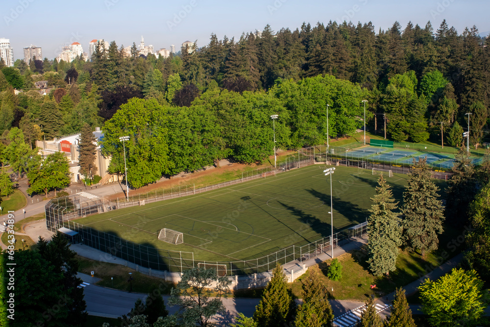 Aerial soccer field, Queen Park, New Westminster, British Columbia, Canada