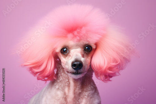 Poodle dog with pink dyed fur in front of studio background