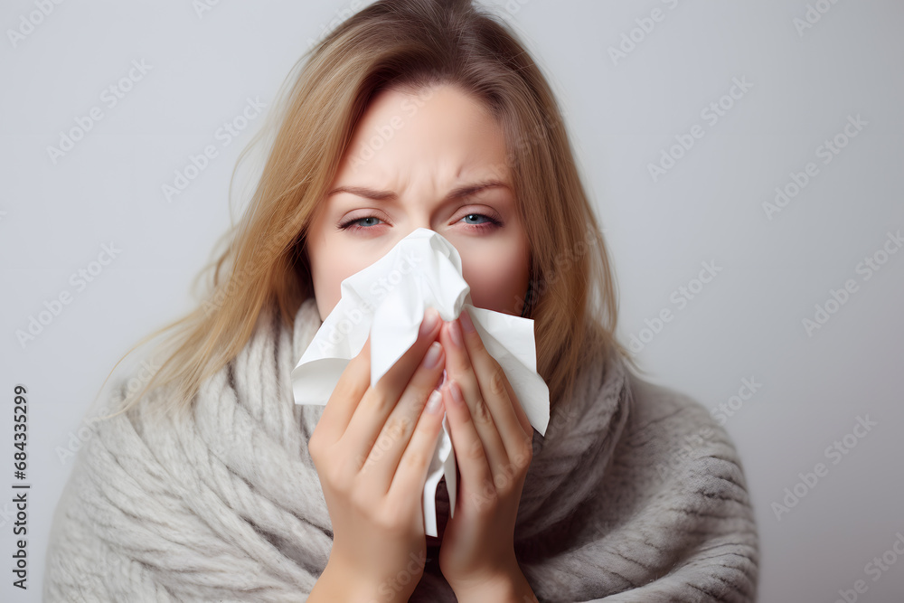 Woman with cold or influenza blowing nose with paper tissue - obrazy, fototapety, plakaty 