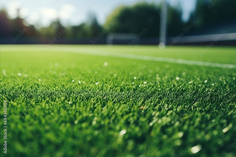 Football Soccer Field with Artificial Turf, Soccer Goal, Green Synthetic Grass, and Shadowy Goal Net