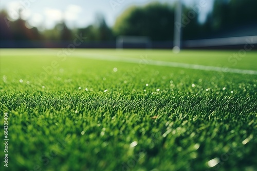 Football Soccer Field with Artificial Turf, Soccer Goal, Green Synthetic Grass, and Shadowy Goal Net photo
