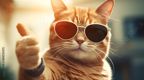 Cat wearing sunglasses and giving thumb up photo