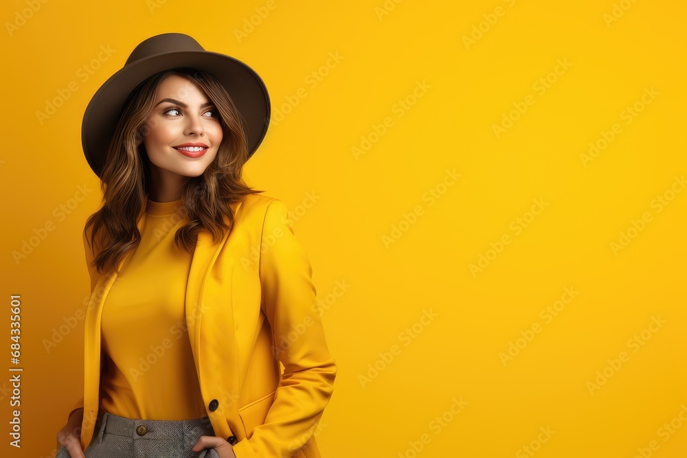 Beautiful woman tourist on yellow background Beautiful woman tourist on yellow background