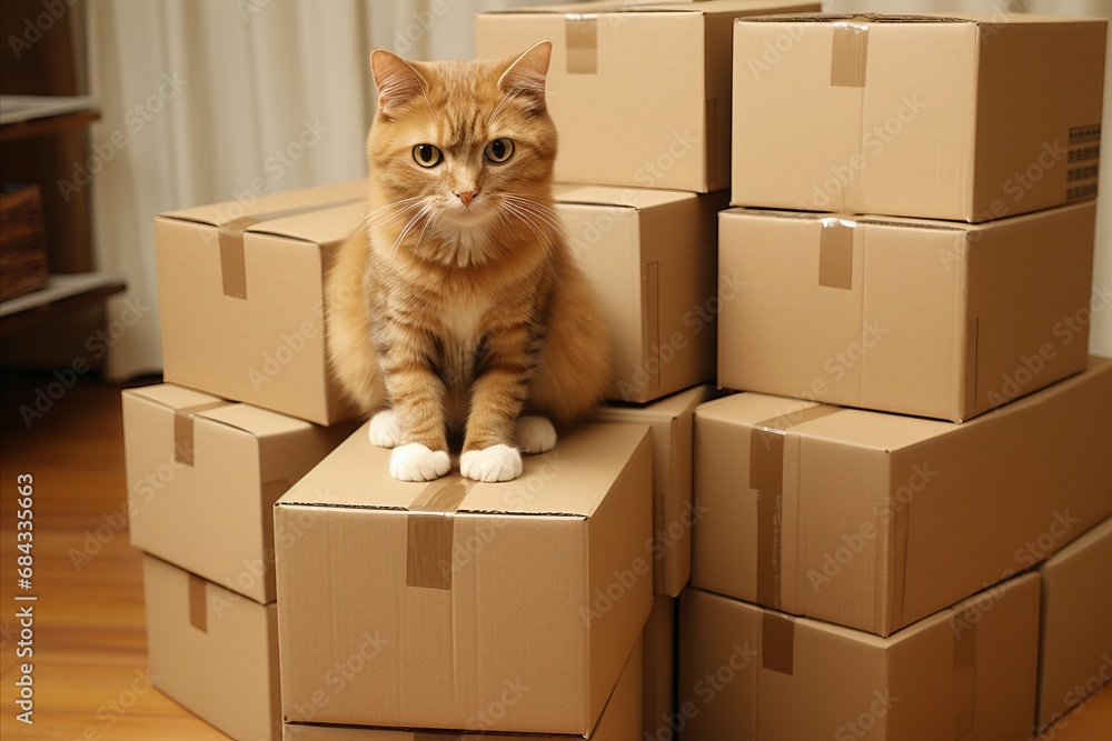 Moving to New Home. Donation Concept - Cat in Box Amidst Stack of Cardboard Boxes