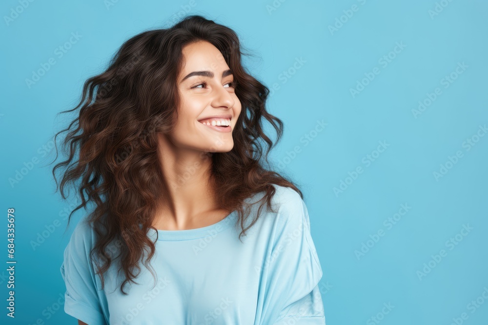 Beautiful happy woman on blue background looking to the side Beautiful happy woman on blue background looking to the side