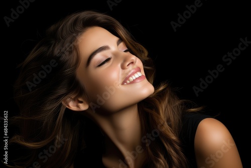 Beautiful happy woman on a black background looking to the side